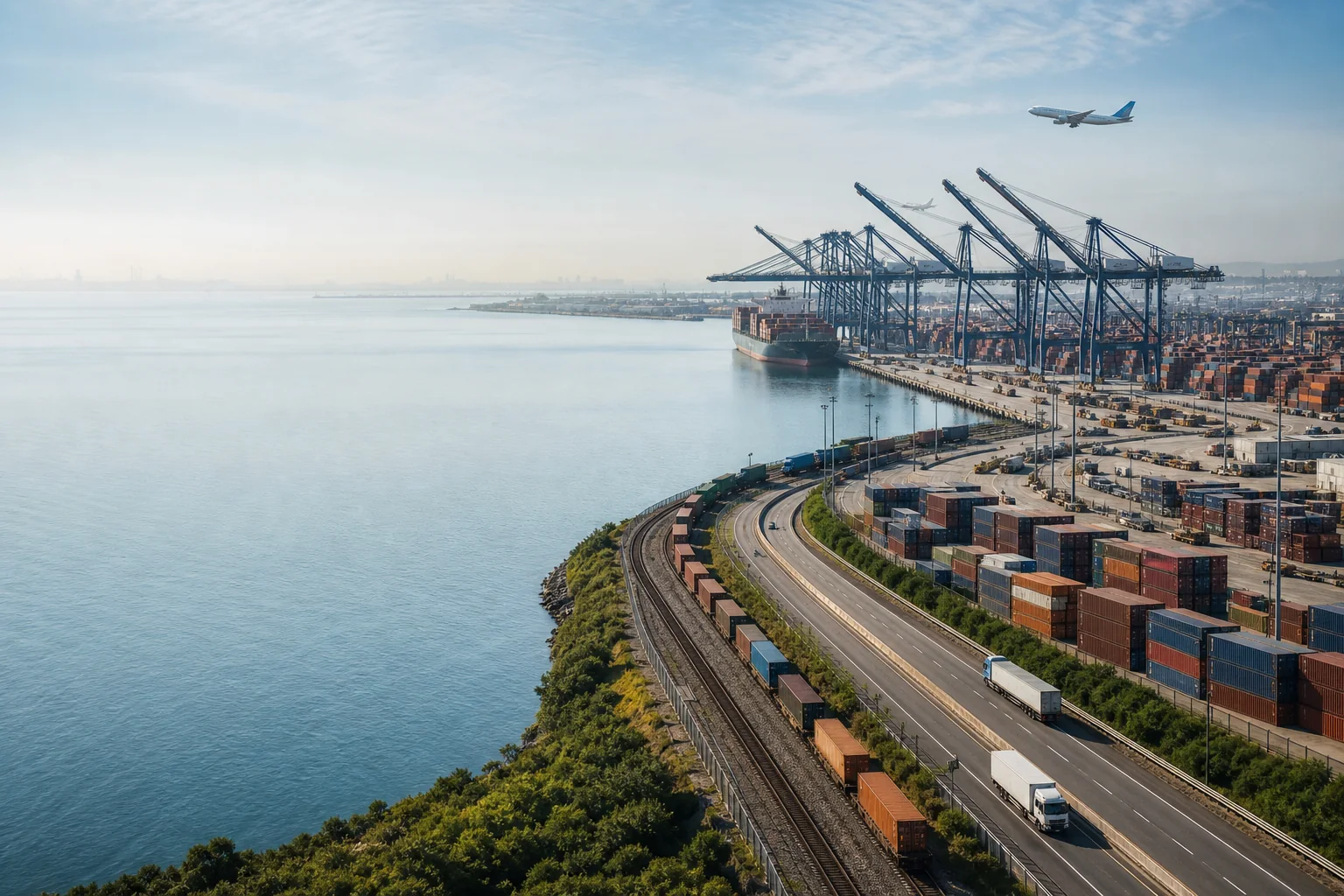 Container port connected by rail, road, sea, and air freight.